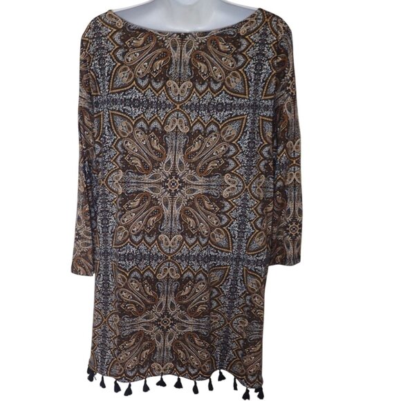 J Jill Women Brown Paisley Black Tassel Hem 3/4 Sleeve Retro Boho Tunic Top‎ M - Picture 5 of 6